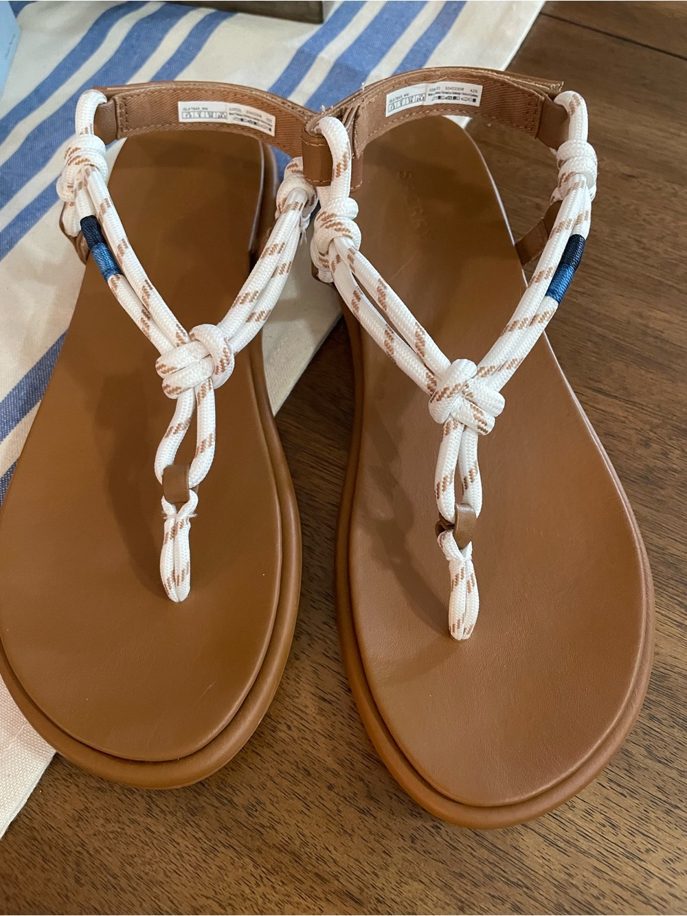 Sperry Tan Footbed Sandals with White Knotted Rope Straps